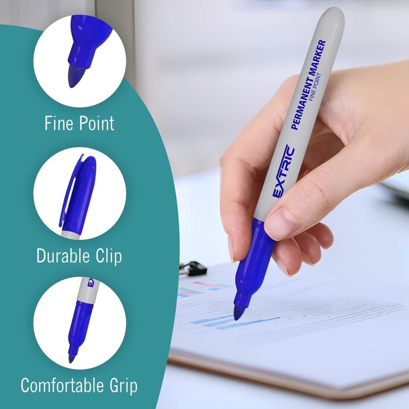 EXTRIC Permanent Markers Blue, 12 Count Fine Point Markers, Quick Drying, Works on wood, Paper, Plastic, Metal and Glass, for Home, Office and School - Image 3